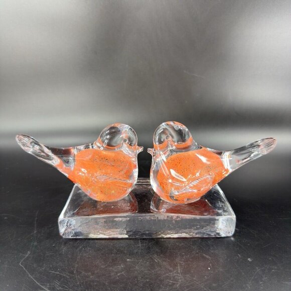 Vintage Murano ICET Hand Blown Glass Love Birds On Clear Block Sculpture Orange - Picture 14 of 14